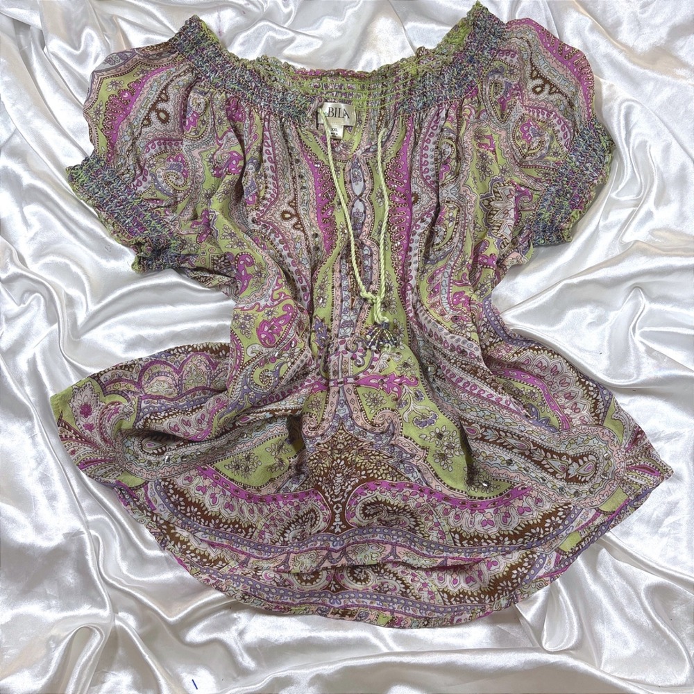 y2k Peasant Top Green Excellent Paisley Beaded Smocked Off Shoulder Blouse
